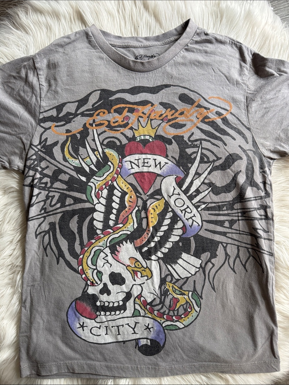 Ed Hardy Gray Graphic Tee with Multicolor Tattoo-Style Print